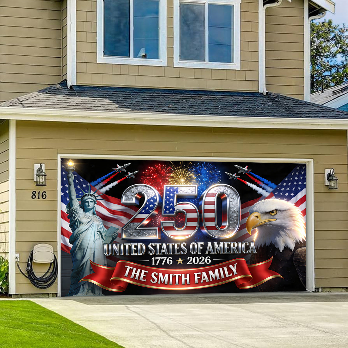 Outdoor Decor America 250th Anniversary - Personalized Independence Day/ 4th of July Garage Door Banner