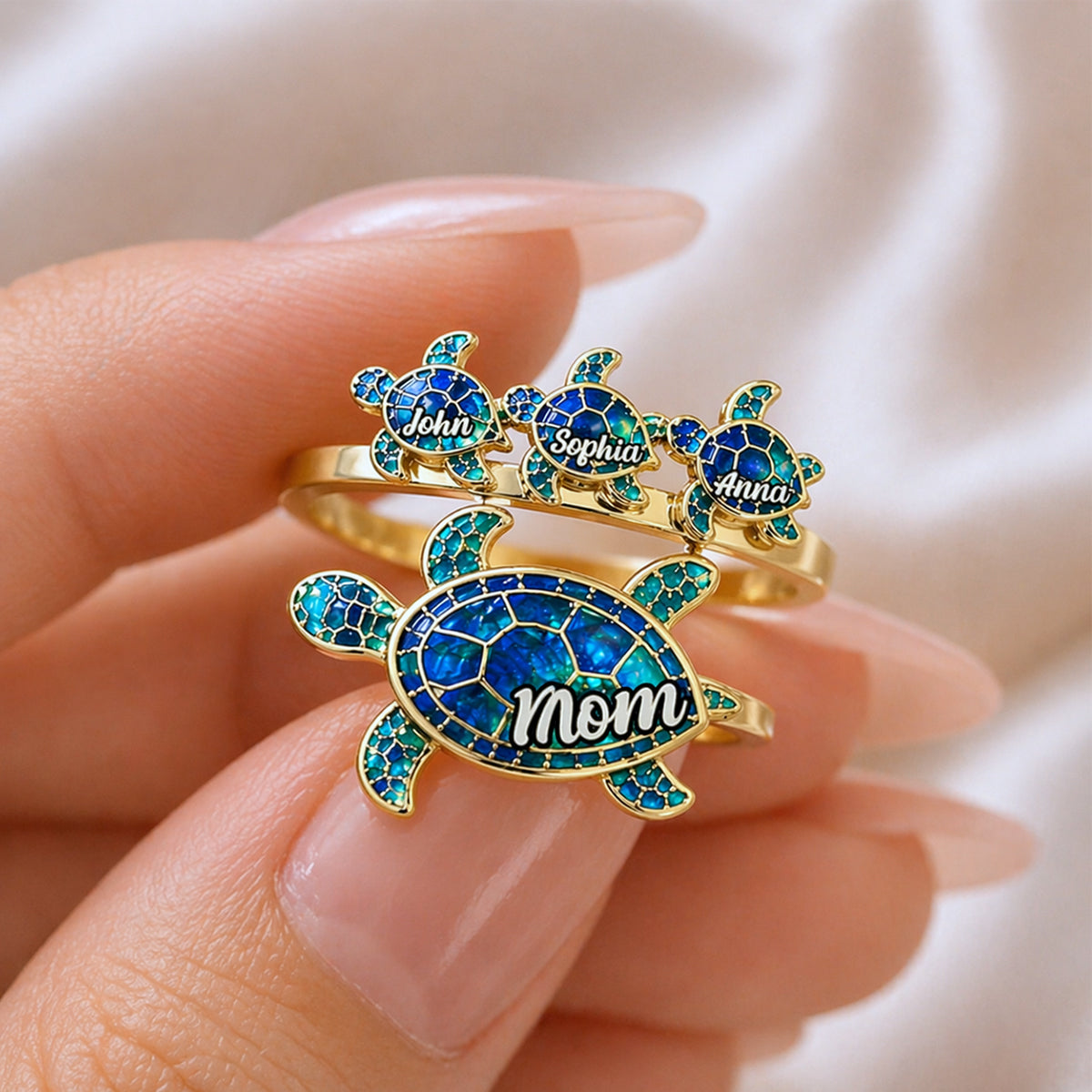 Mama Turtle - Personalized Mother Adjustable Shaped Ring