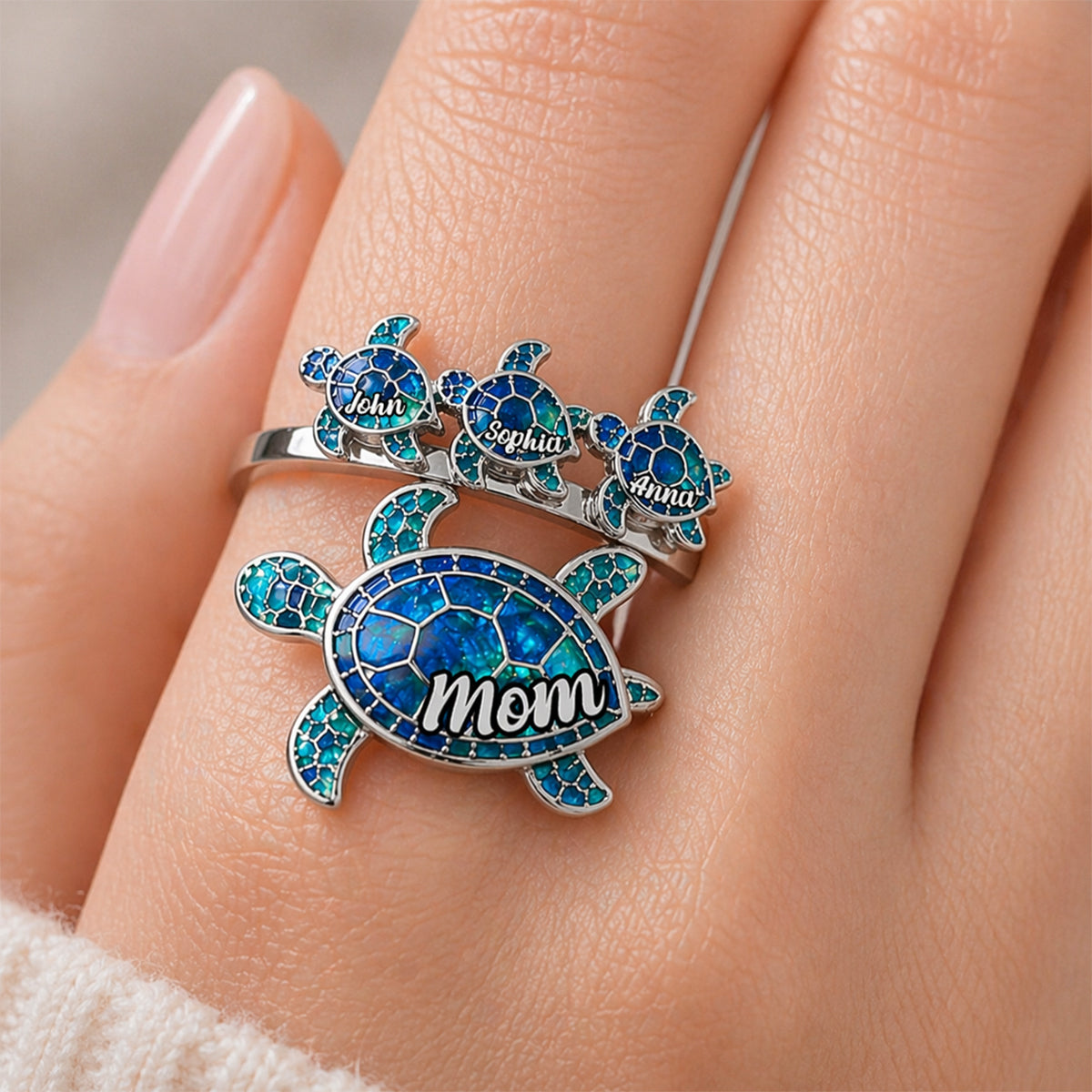 Mama Turtle - Personalized Mother Adjustable Shaped Ring