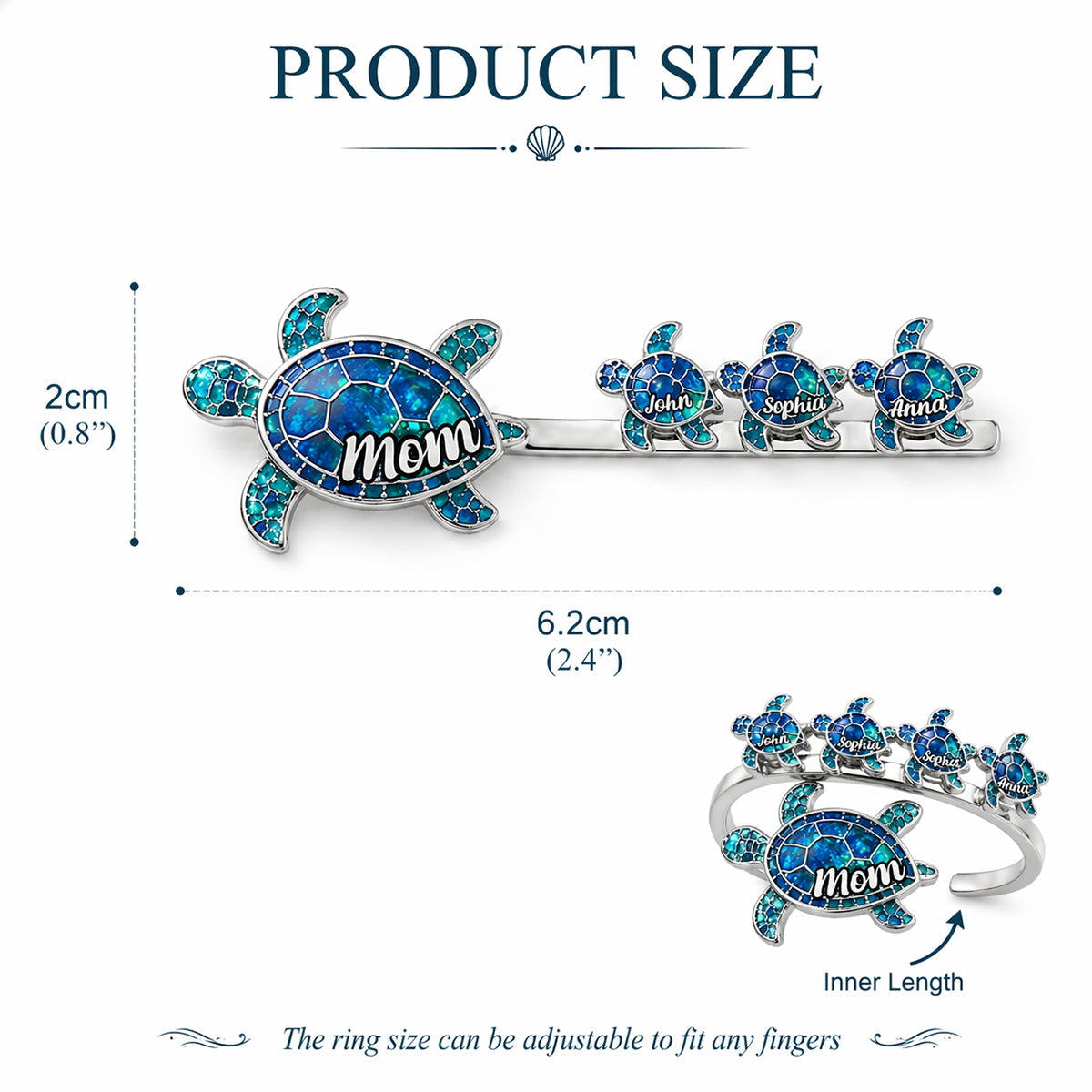 Mama Turtle - Personalized Mother Adjustable Shaped Ring