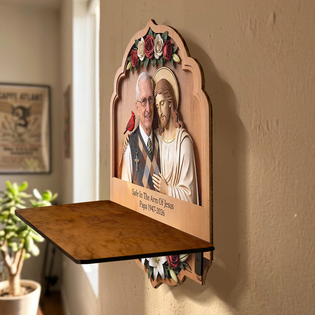 Safe In The Arms Of Jesus - Personalized Memorial Wooden Floating Shelf