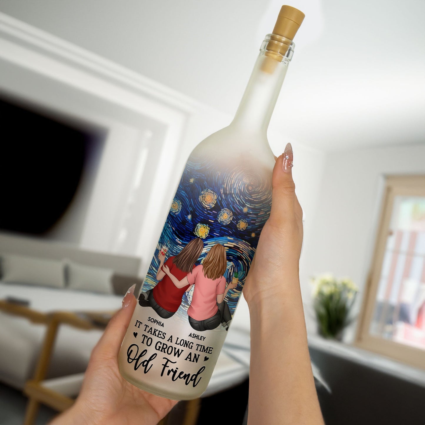 Bottle Lamp with Starry Sky Art, Hugging Friends Scene, Cozy Glow Decor, A Unique Gift for Best Friend