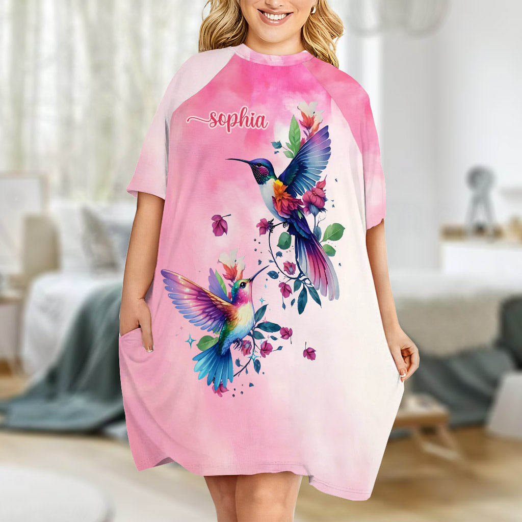 Purple Birds - Personalized Hummingbird Sleep T-shirt Dress