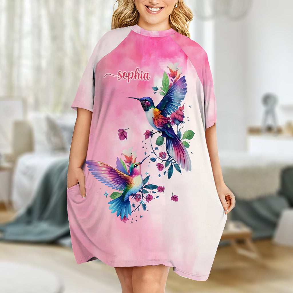 Purple Birds - Personalized Hummingbird Sleep T-shirt Dress