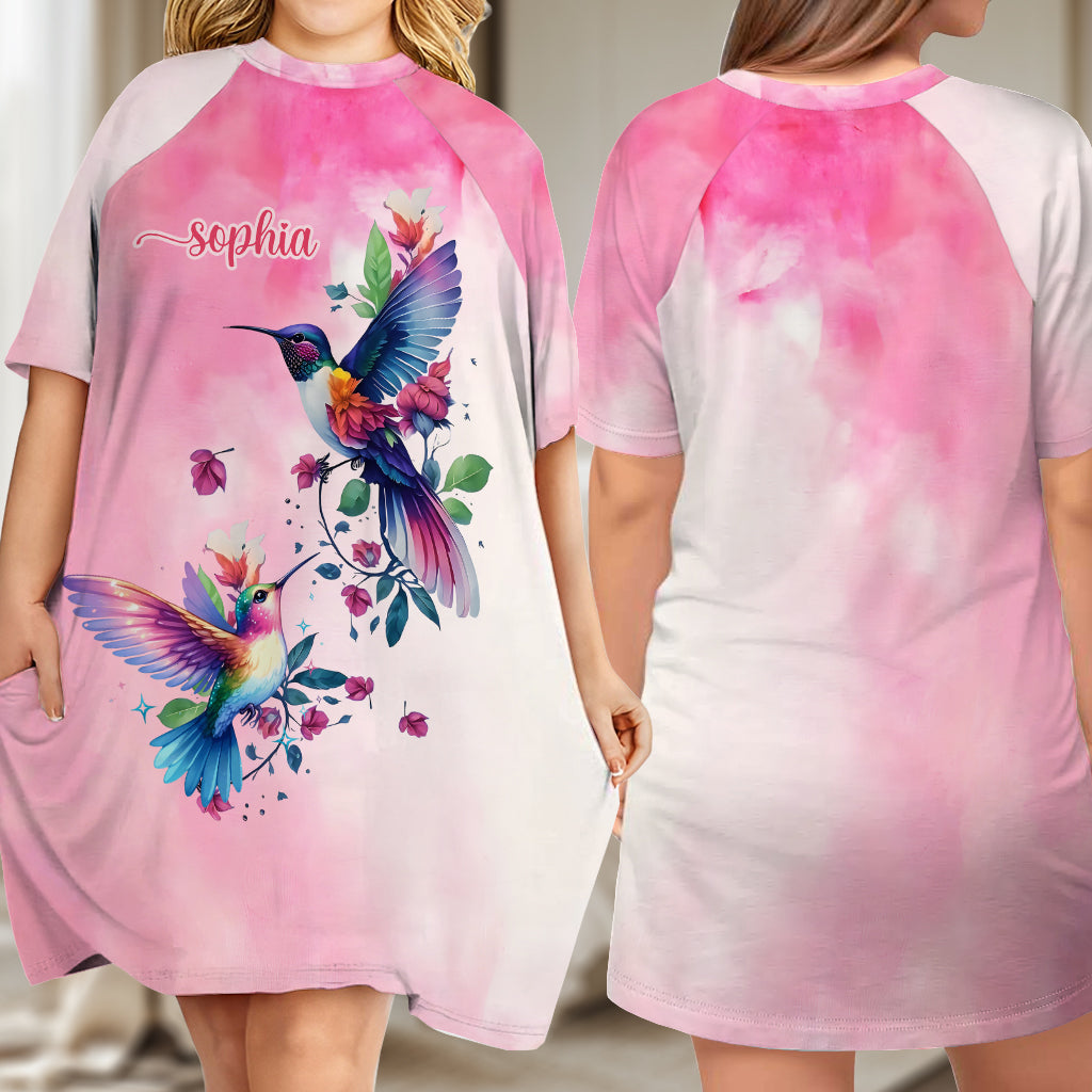Purple Birds - Personalized Hummingbird Sleep T-shirt Dress