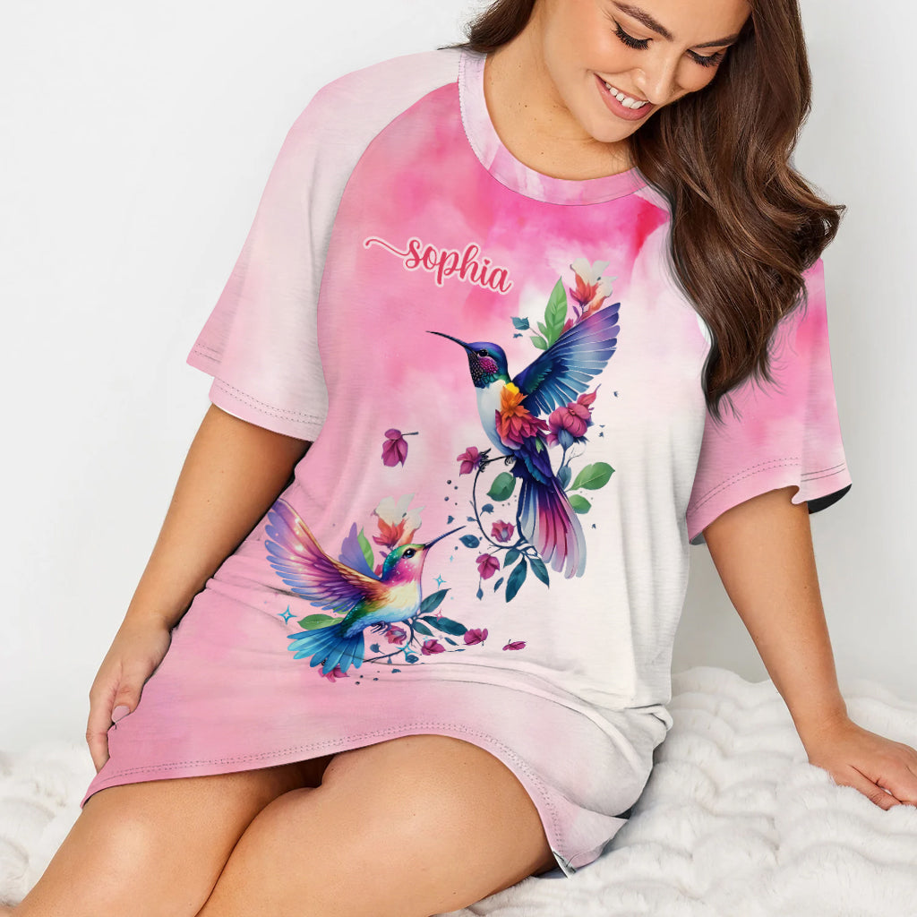Purple Birds - Personalized Hummingbird Sleep T-shirt Dress