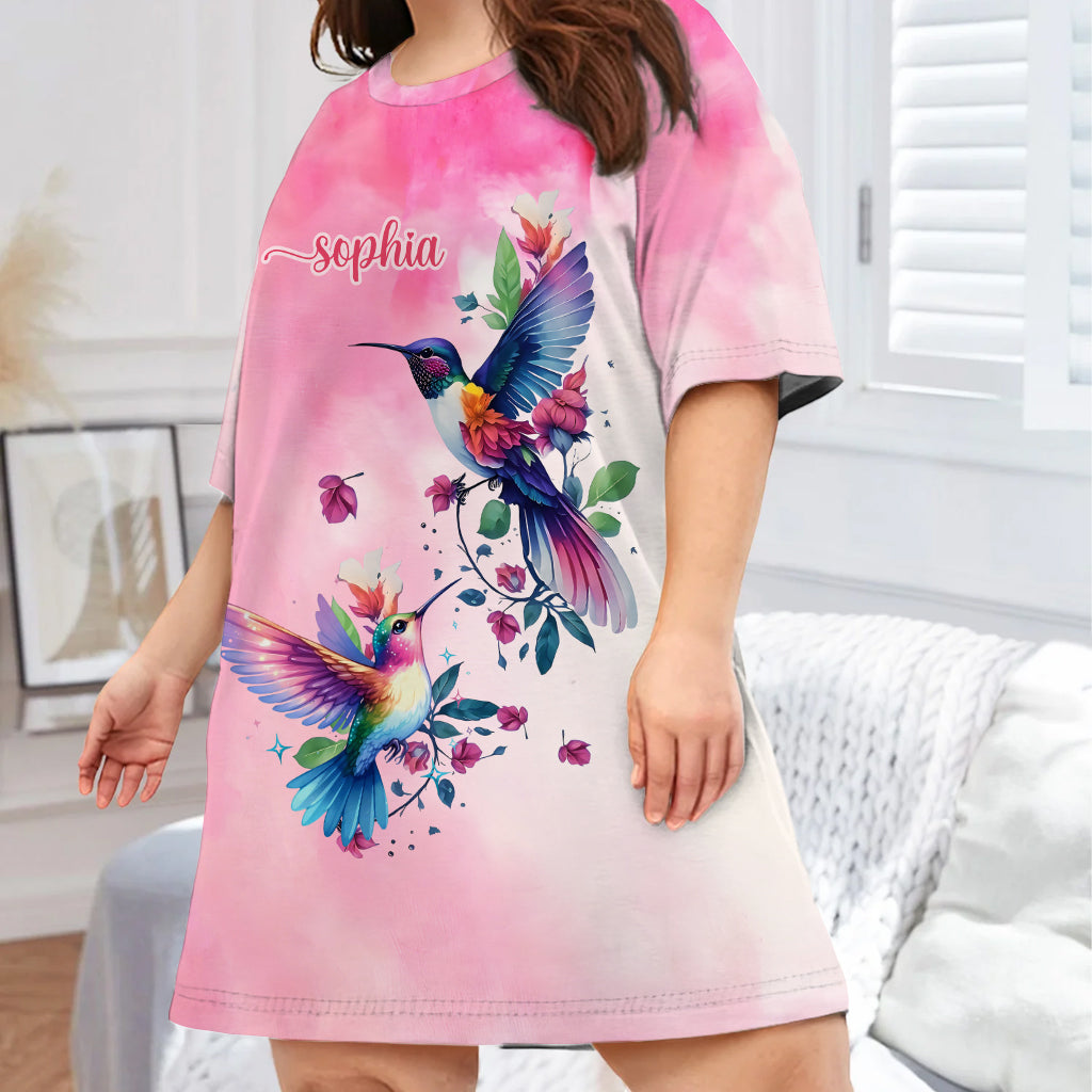 Purple Birds - Personalized Hummingbird Sleep T-shirt Dress