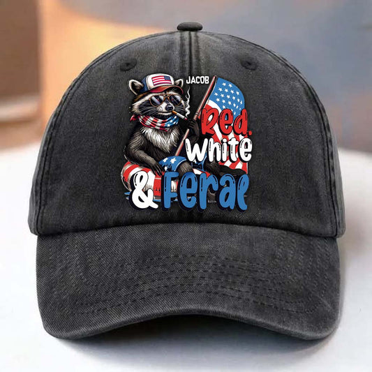 Red, White & Feral Racoon - Personalized Independence Day/ 4th of July Washed Denim Cap