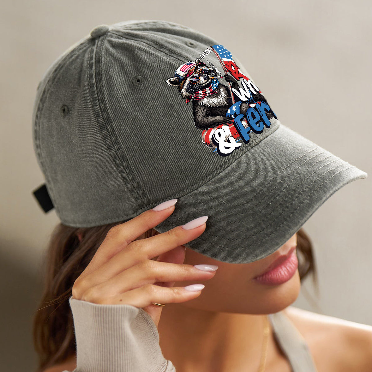 Red, White & Feral Racoon - Personalized Independence Day/ 4th of July Washed Denim Cap