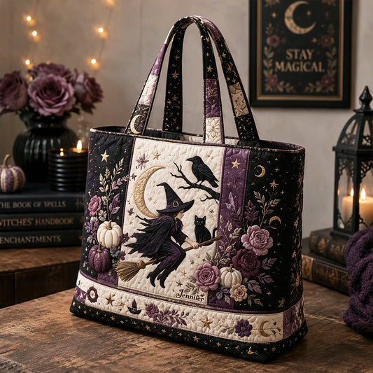 Crescent Moon Crow Witch - Personalized Witch Quilted Tote Bag
