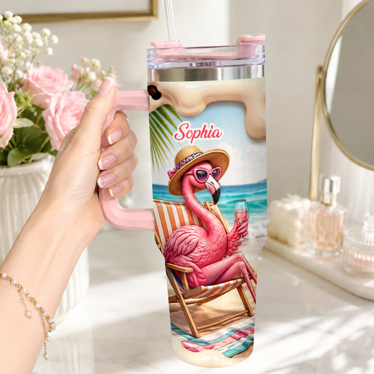 Pink Flamingo - Personalized Flamingo Tumbler With Plush Charm