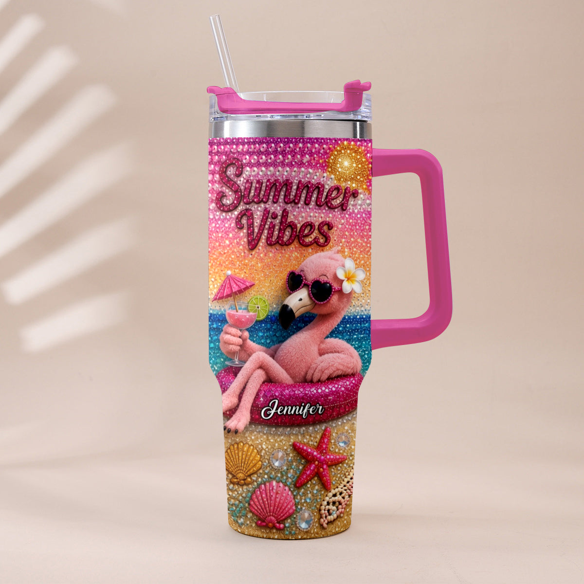 Love Flamingo Summer Vibes - Personalized Flamingo Tumbler With Plush Charm