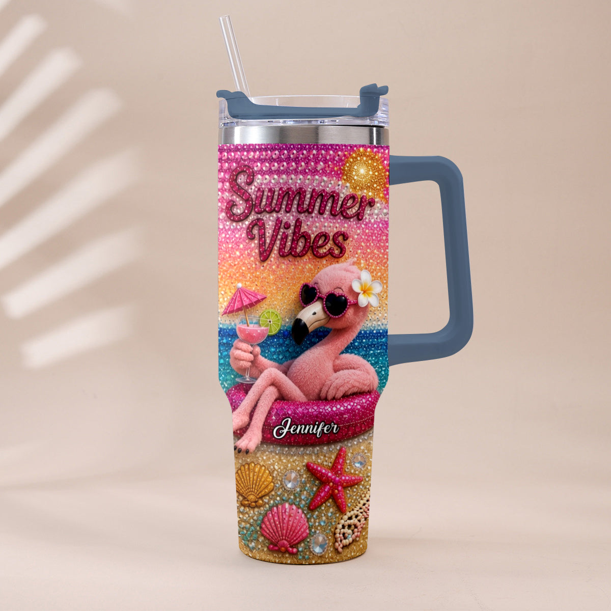 Love Flamingo Summer Vibes - Personalized Flamingo Tumbler With Plush Charm