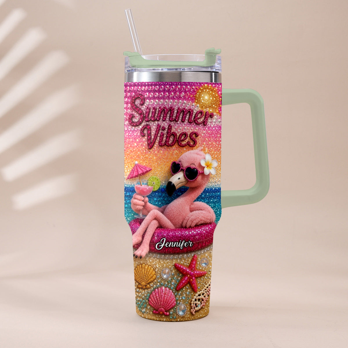 Love Flamingo Summer Vibes - Personalized Flamingo Tumbler With Plush Charm