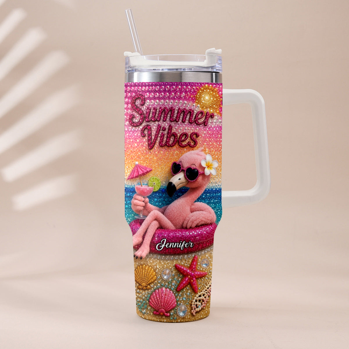 Love Flamingo Summer Vibes - Personalized Flamingo Tumbler With Plush Charm