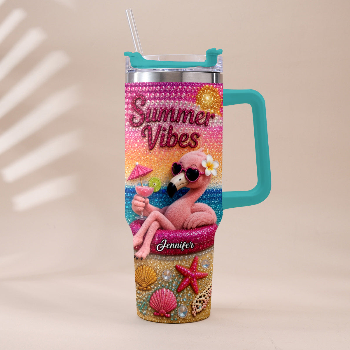 Love Flamingo Summer Vibes - Personalized Flamingo Tumbler With Plush Charm