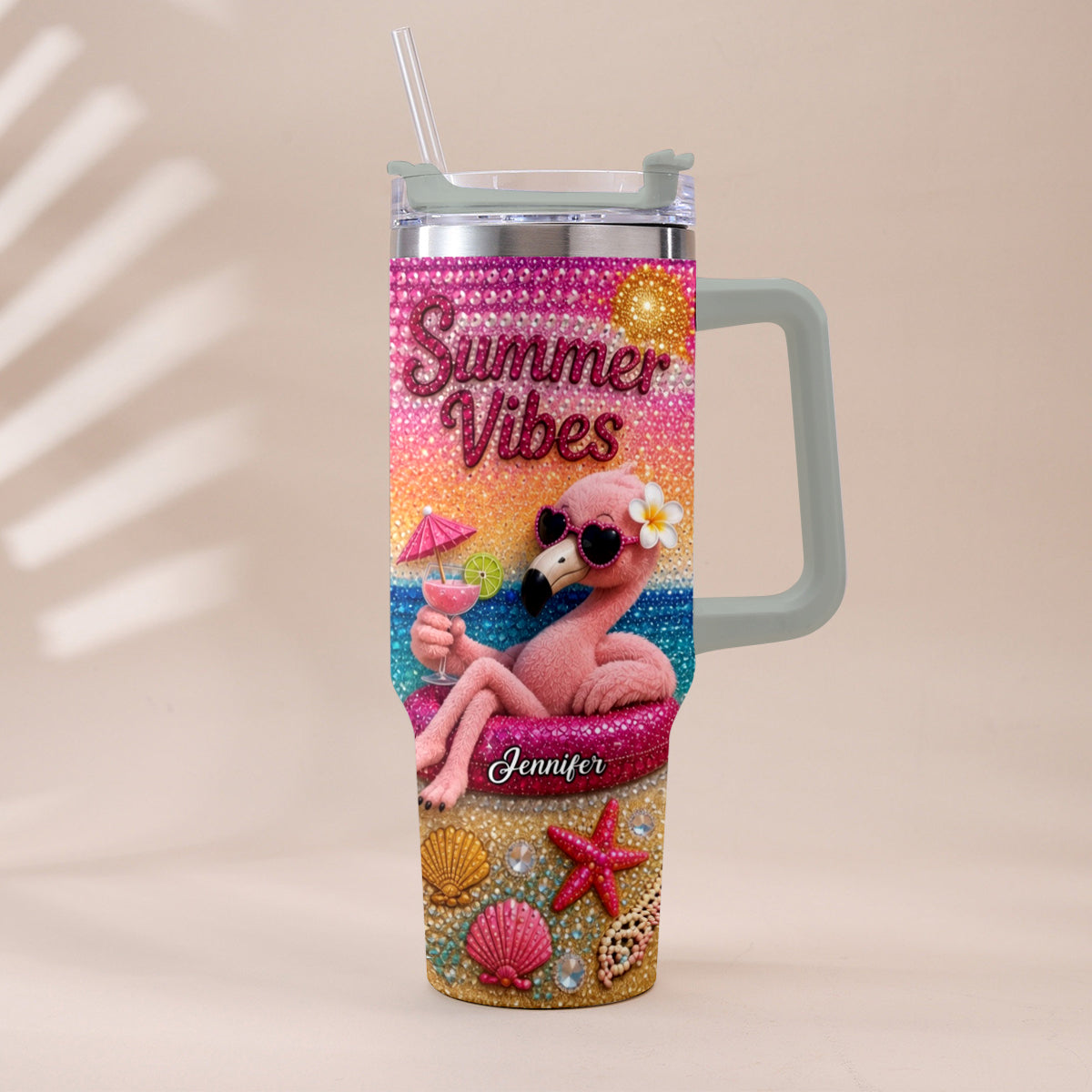Love Flamingo Summer Vibes - Personalized Flamingo Tumbler With Plush Charm