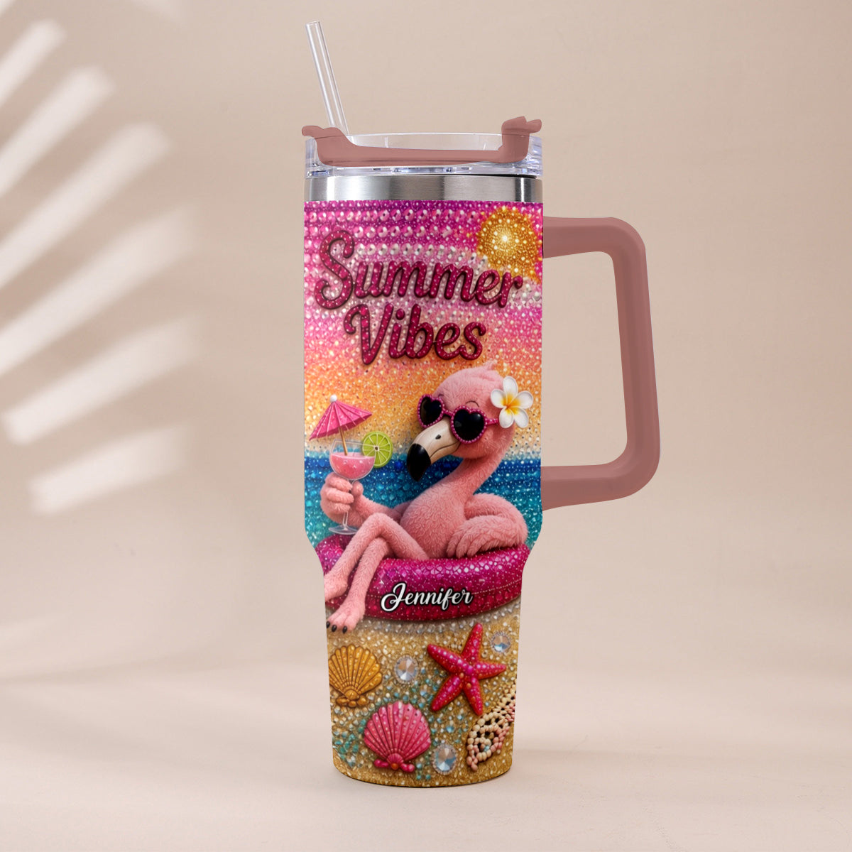 Love Flamingo Summer Vibes - Personalized Flamingo Tumbler With Plush Charm