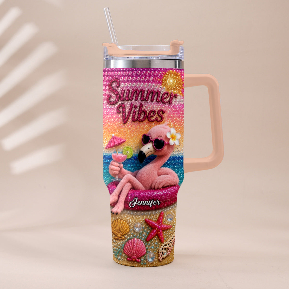Love Flamingo Summer Vibes - Personalized Flamingo Tumbler With Plush Charm