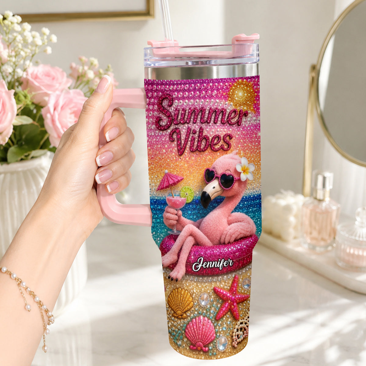 Love Flamingo Summer Vibes - Personalized Flamingo Tumbler With Plush Charm