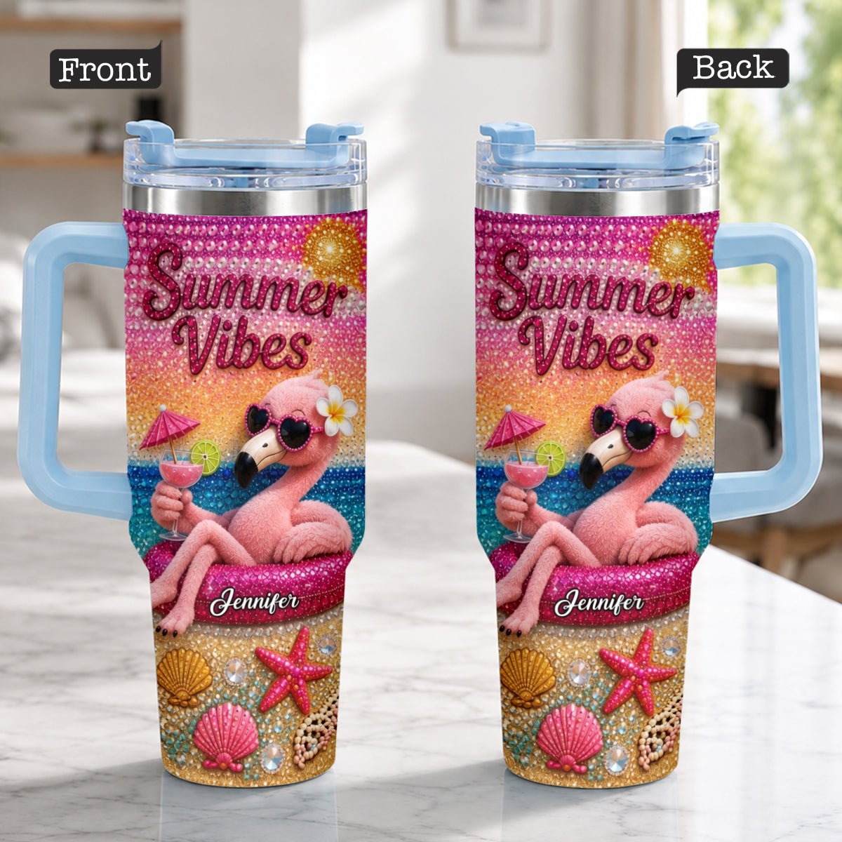 Love Flamingo Summer Vibes - Personalized Flamingo Tumbler With Plush Charm