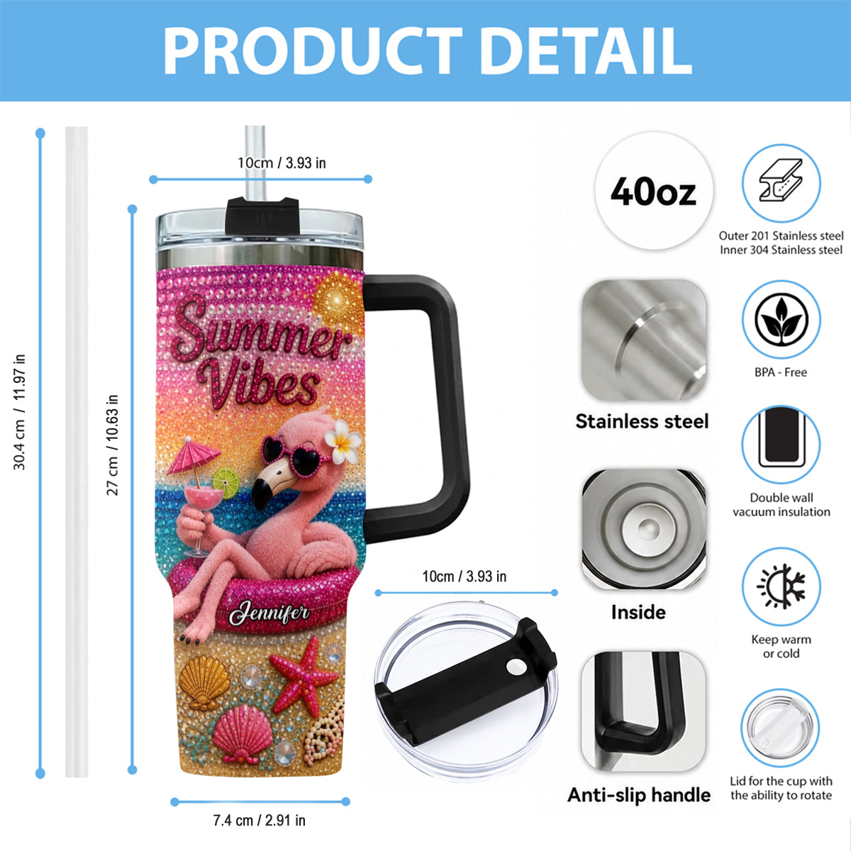 Love Flamingo Summer Vibes - Personalized Flamingo Tumbler With Plush Charm