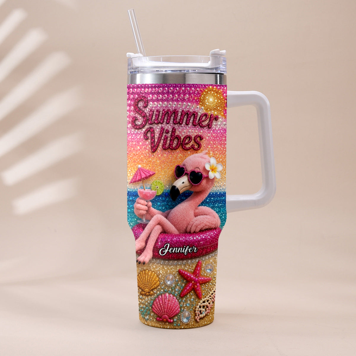 Love Flamingo Summer Vibes - Personalized Flamingo Tumbler With Plush Charm