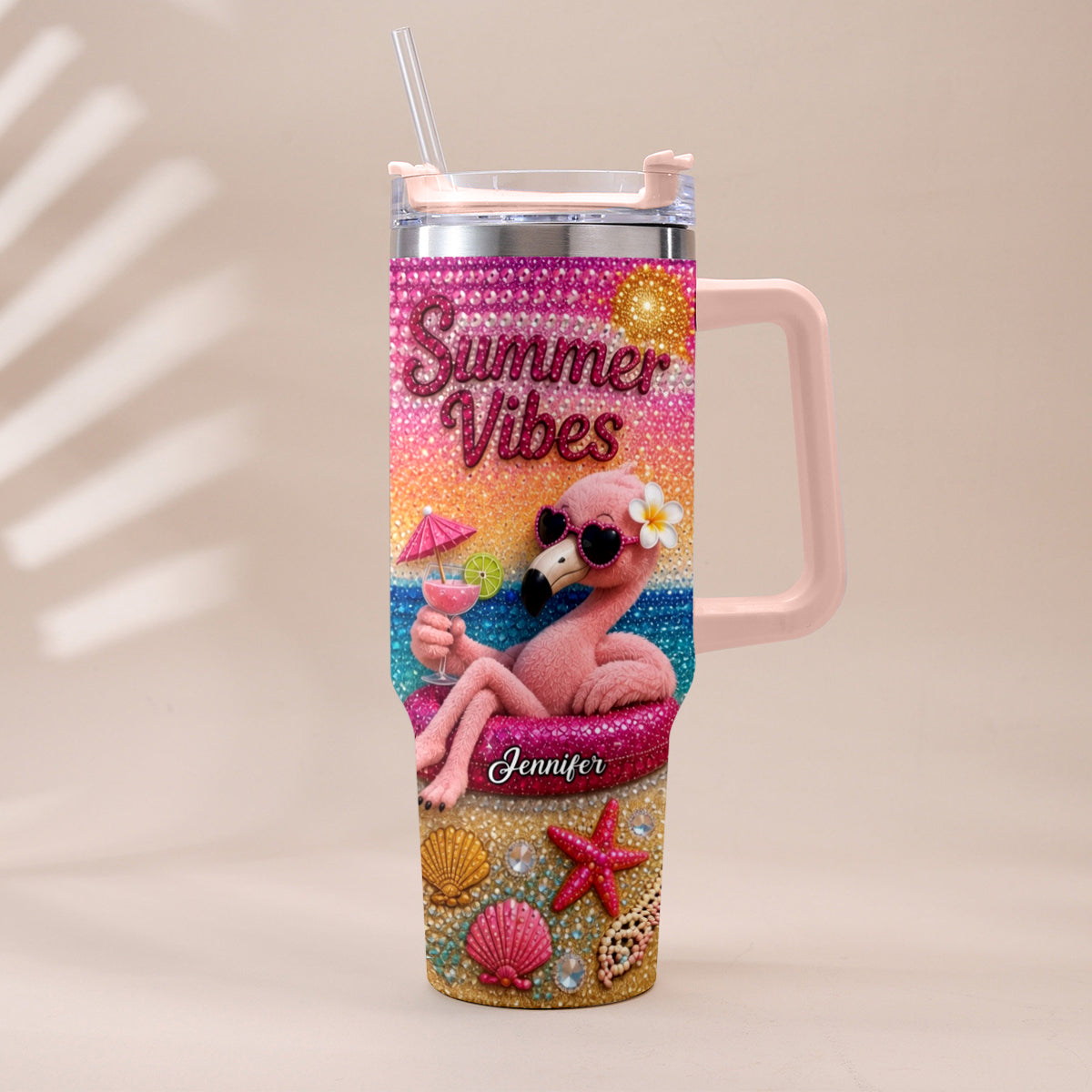 Love Flamingo Summer Vibes - Personalized Flamingo Tumbler With Plush Charm