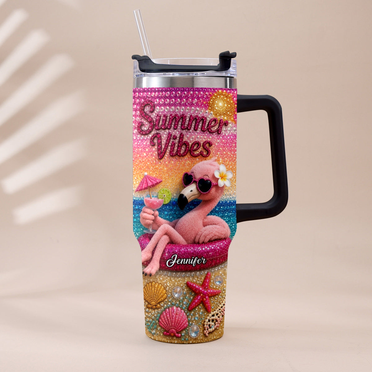 Love Flamingo Summer Vibes - Personalized Flamingo Tumbler With Plush Charm