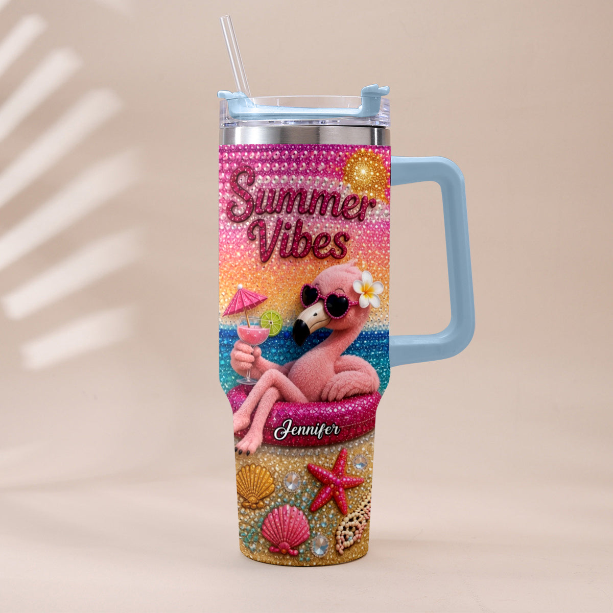 Love Flamingo Summer Vibes - Personalized Flamingo Tumbler With Plush Charm