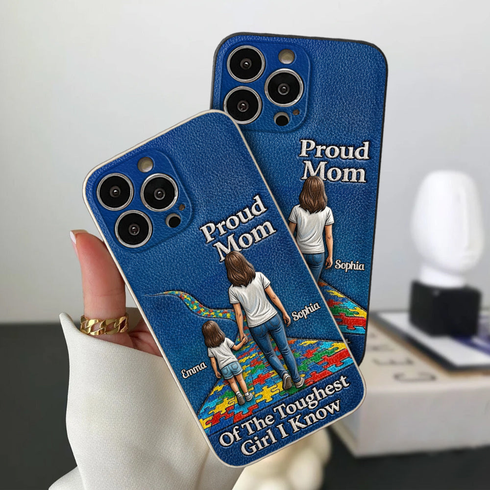 Proud Dad Of The Toughest Boy I Know - Personalized Autism Awareness 3D Embossed Leather Phone Case
