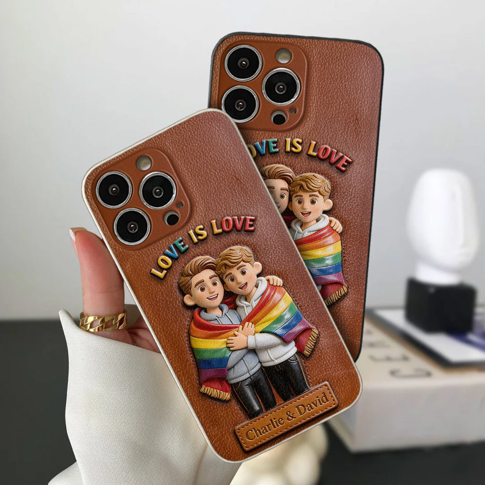 Love Is Love - Personalized LGBT Support 3D Embossed Leather Phone Case