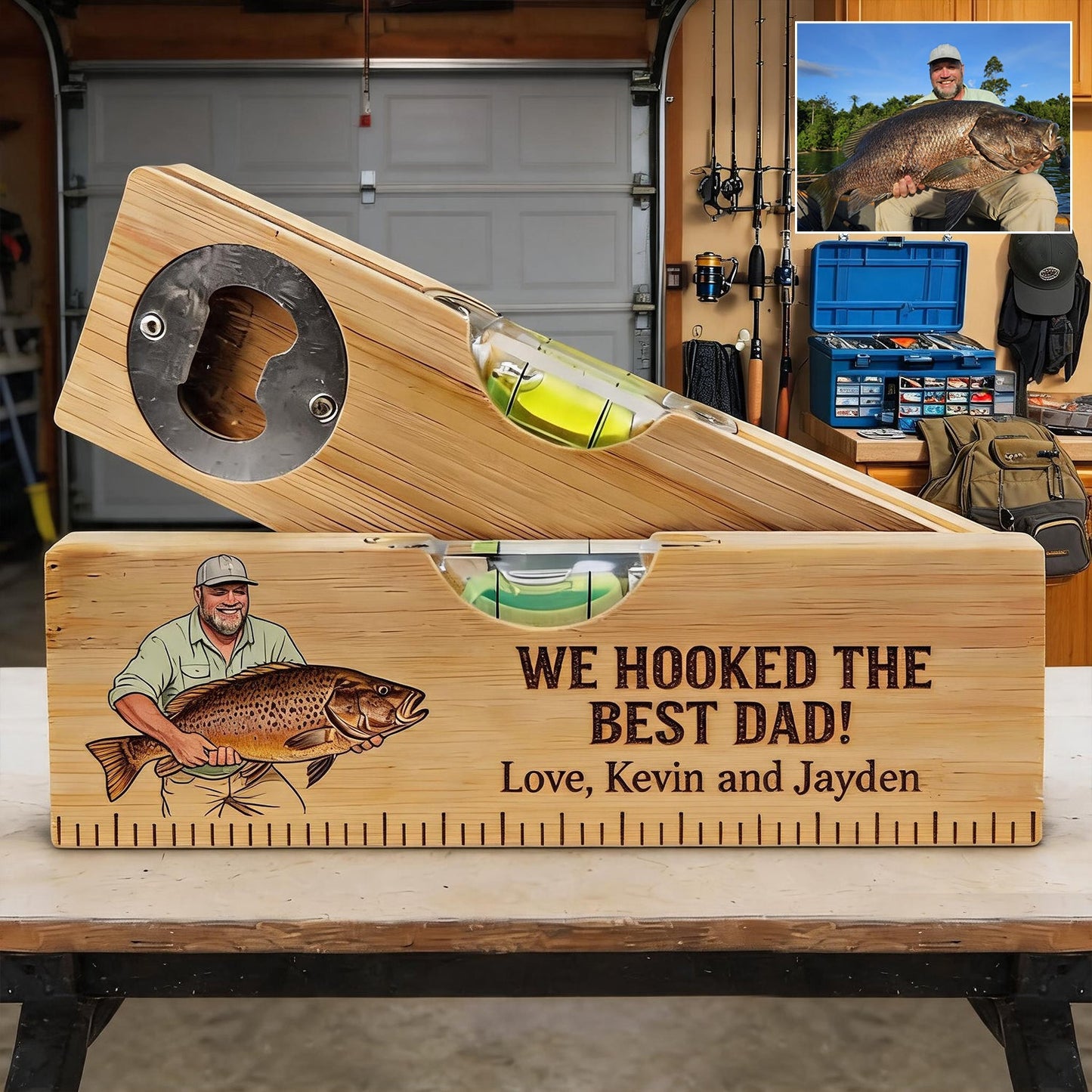 We Hooked The Best Dad - Personalized Fishing Spirit Level Bottle Opener