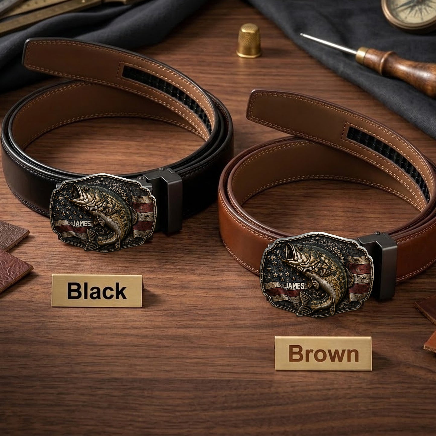 Love Fishing - Personalized Fishing Leather Belt With Shaped Buckle