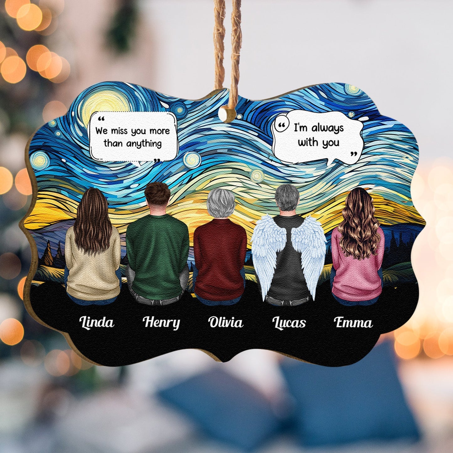 Wooden Ornament Memorial Keepsake - Starry Sky Family Back View, Angel Wings, 'We miss you' quote, a unique gift for family