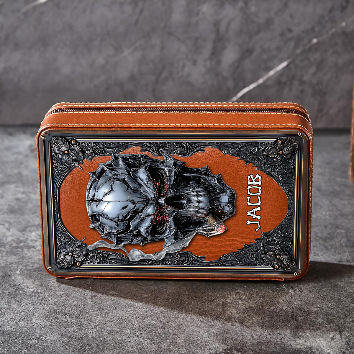 Smoking Skull - Personalized Skull Travel Cigar Humidor Case