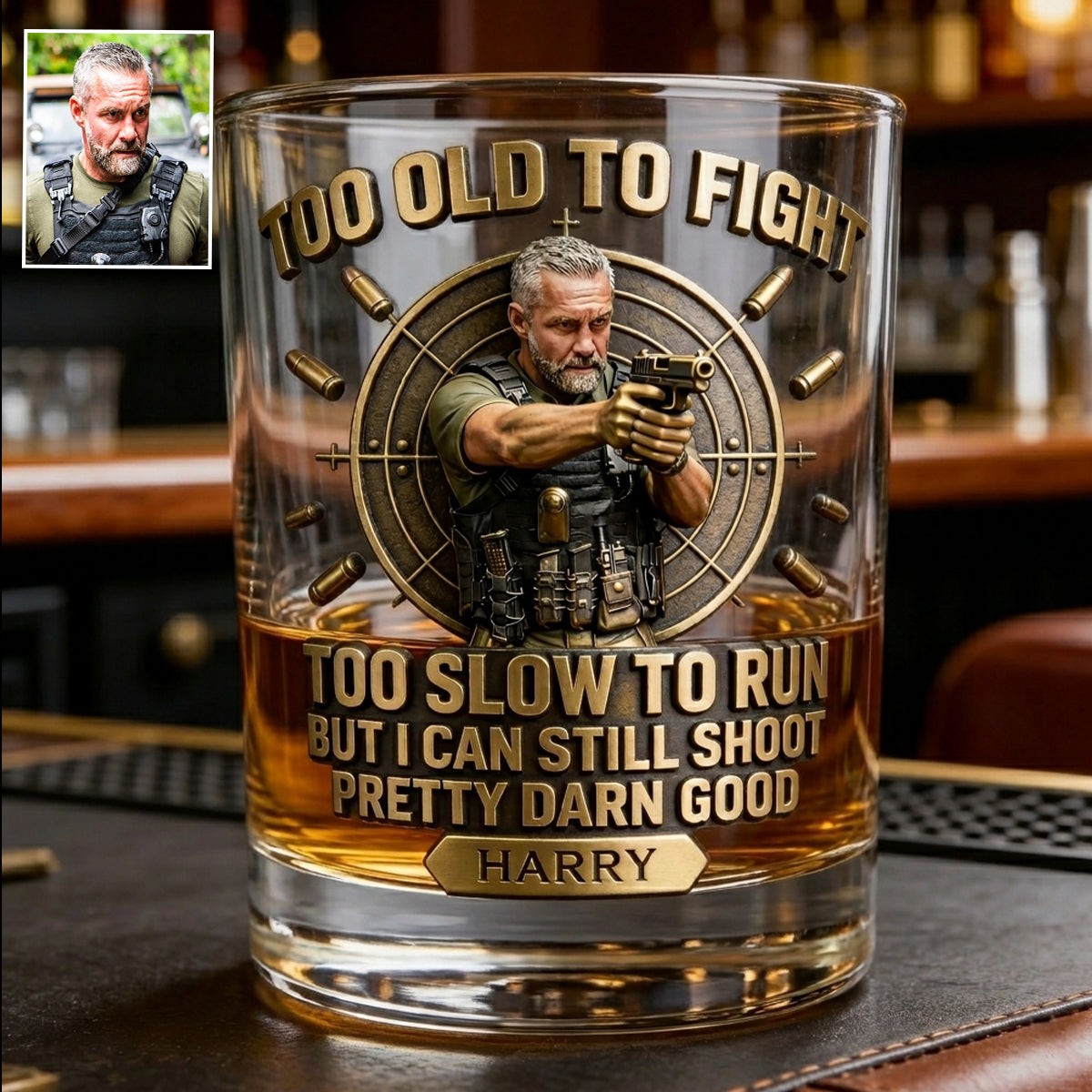Old Man But Still Can Shoot - Personalized Tactical equipment Whiskey Glass
