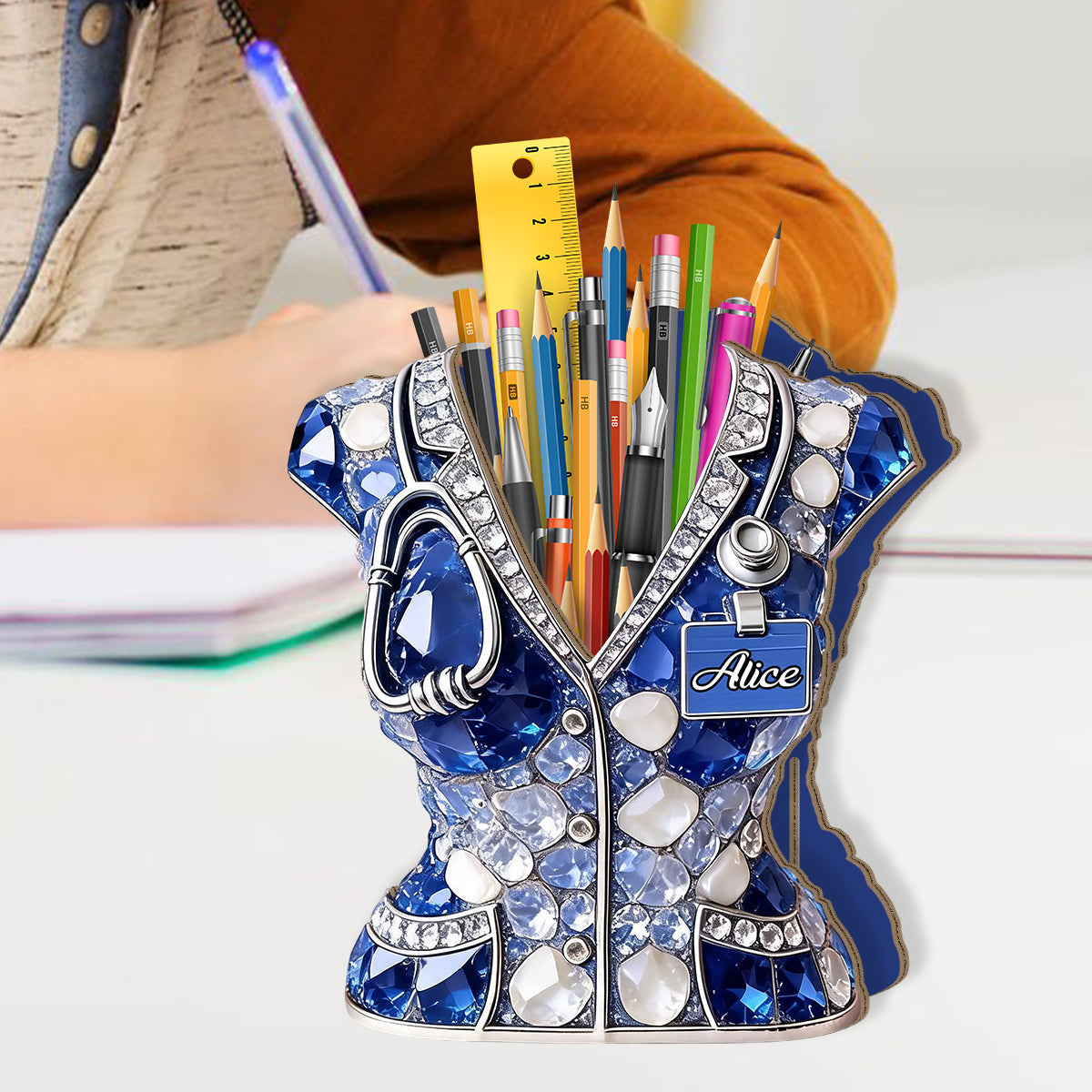 Nurse Outfit Pen Holder - Personalized Nurse Wooden Desk Organizer