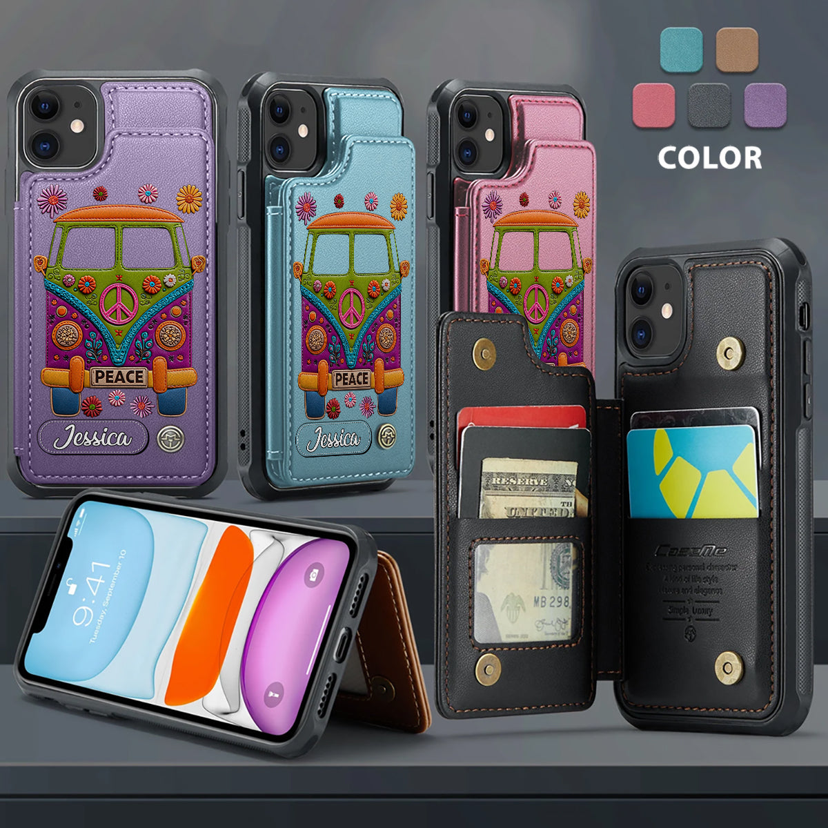 Peace Bus - Personalized Hippie Wallet Phone Case With Leather Charm