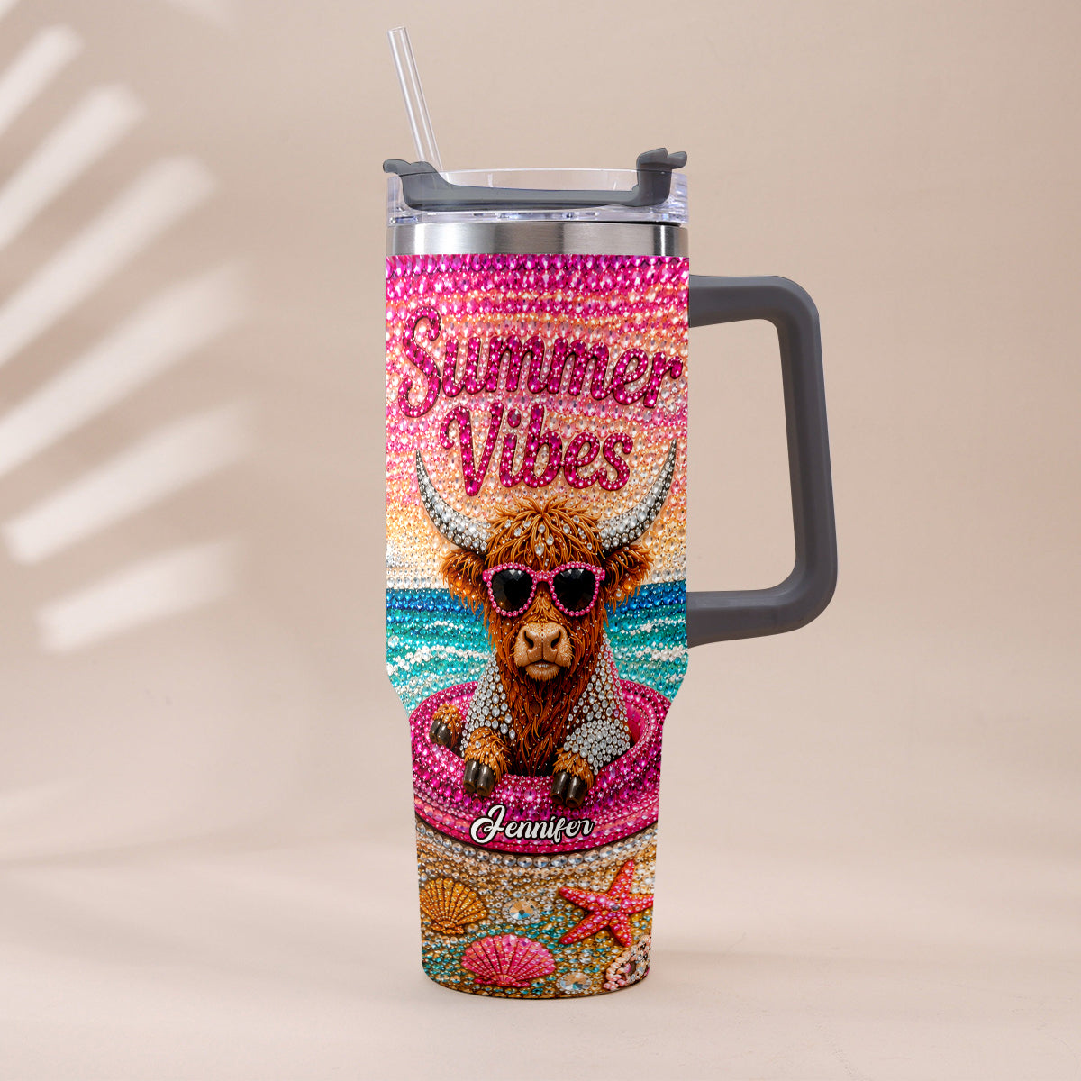 Summer Vibes - Personalized Highland Cow Tumbler With Plush Charm