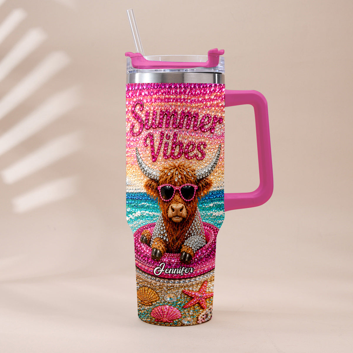 Summer Vibes - Personalized Highland Cow Tumbler With Plush Charm