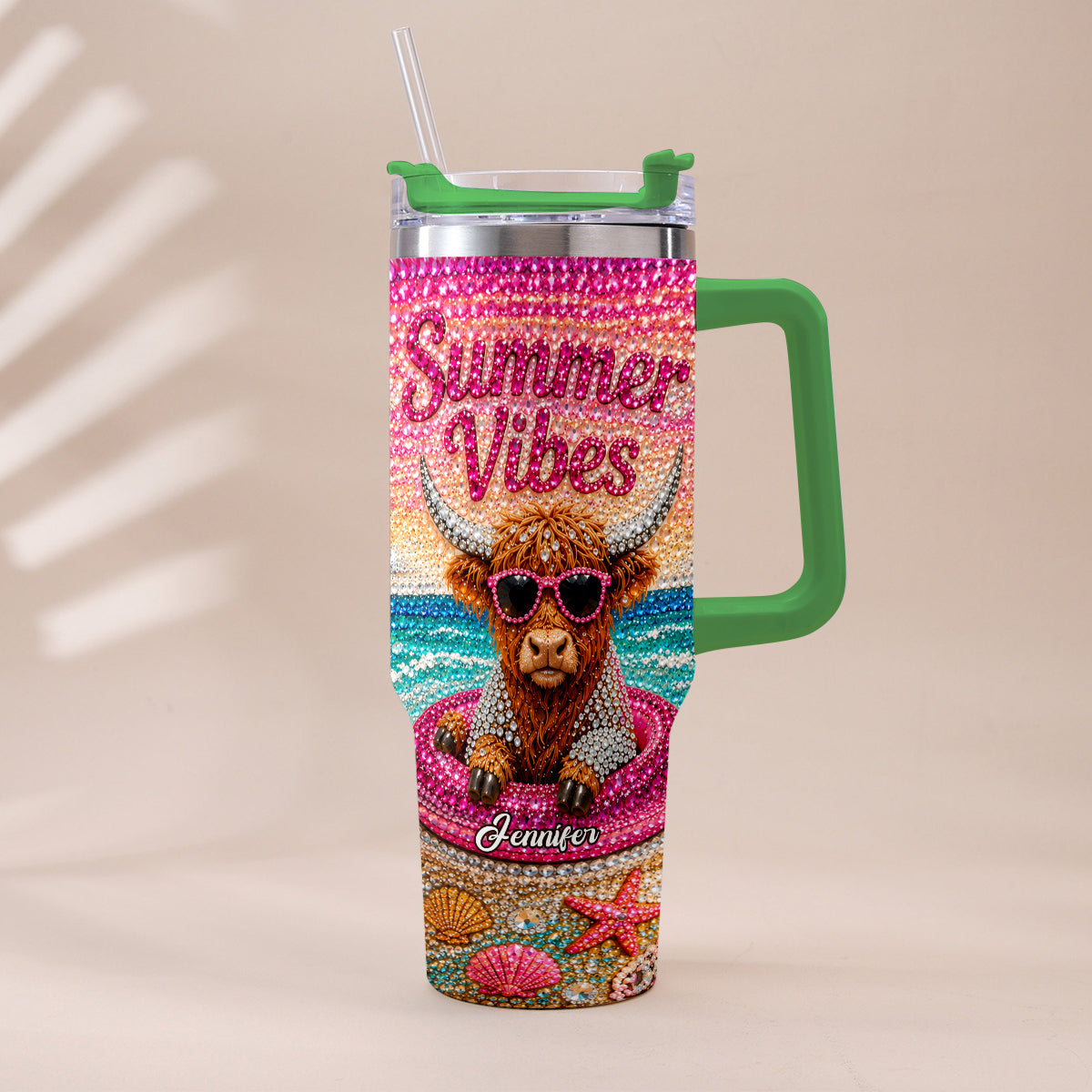 Summer Vibes - Personalized Highland Cow Tumbler With Plush Charm