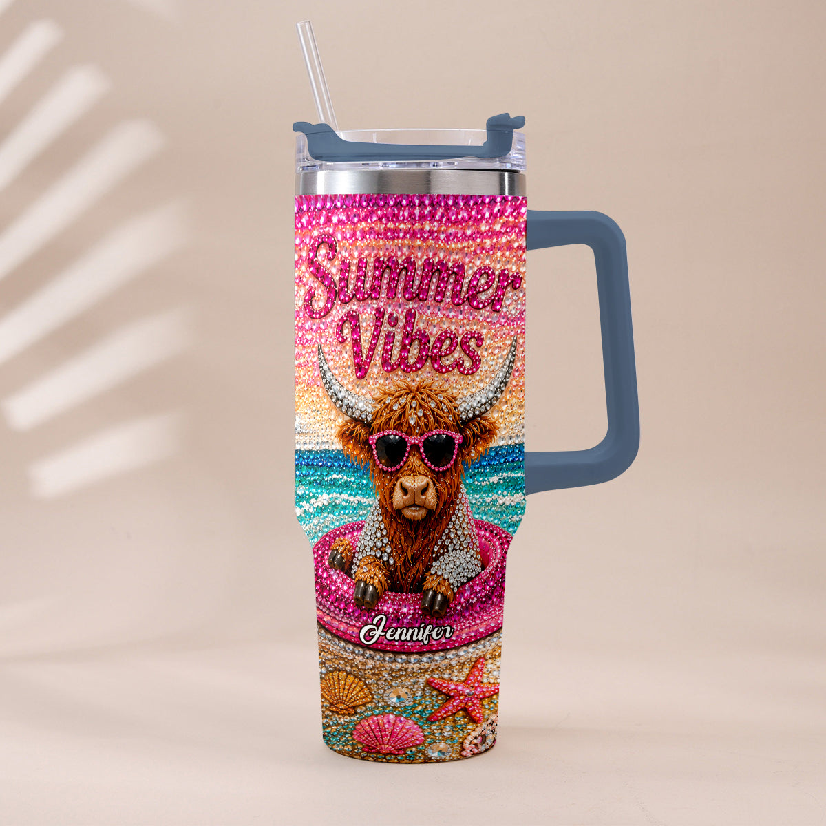 Summer Vibes - Personalized Highland Cow Tumbler With Plush Charm