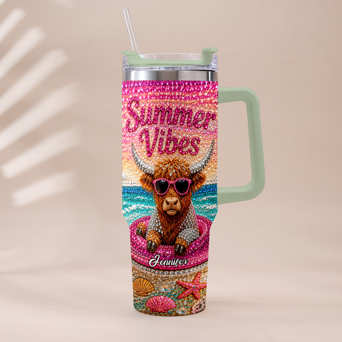 Summer Vibes - Personalized Highland Cow Tumbler With Plush Charm