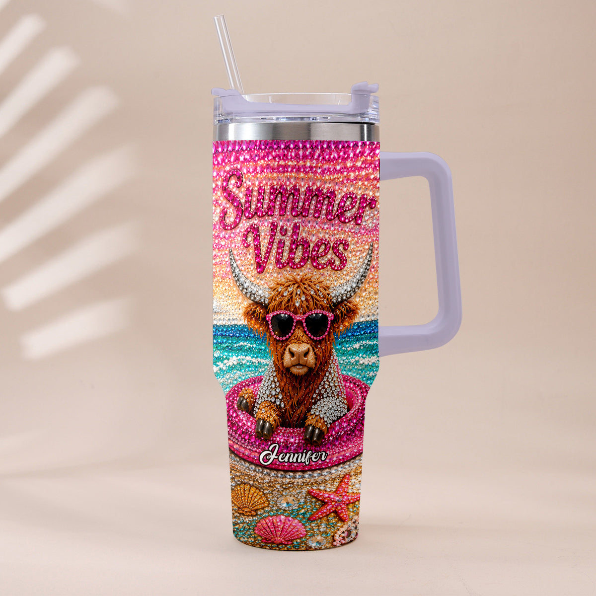 Summer Vibes - Personalized Highland Cow Tumbler With Plush Charm