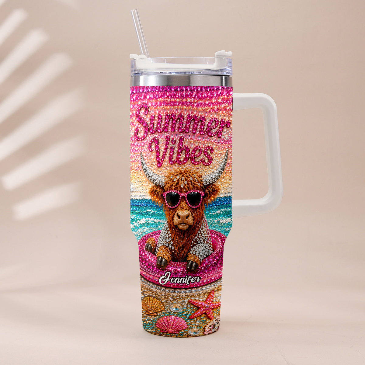 Summer Vibes - Personalized Highland Cow Tumbler With Plush Charm