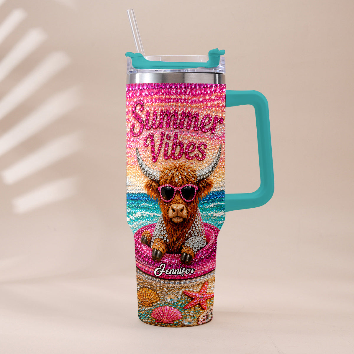 Summer Vibes - Personalized Highland Cow Tumbler With Plush Charm