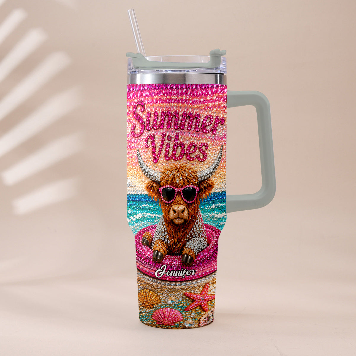 Summer Vibes - Personalized Highland Cow Tumbler With Plush Charm