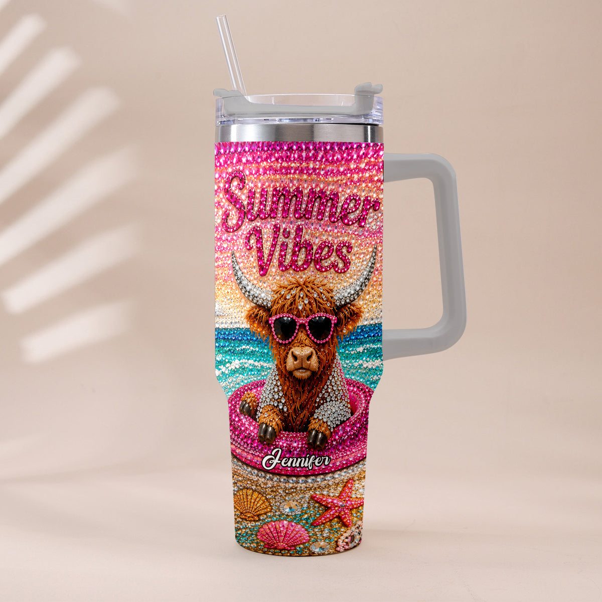 Summer Vibes - Personalized Highland Cow Tumbler With Plush Charm
