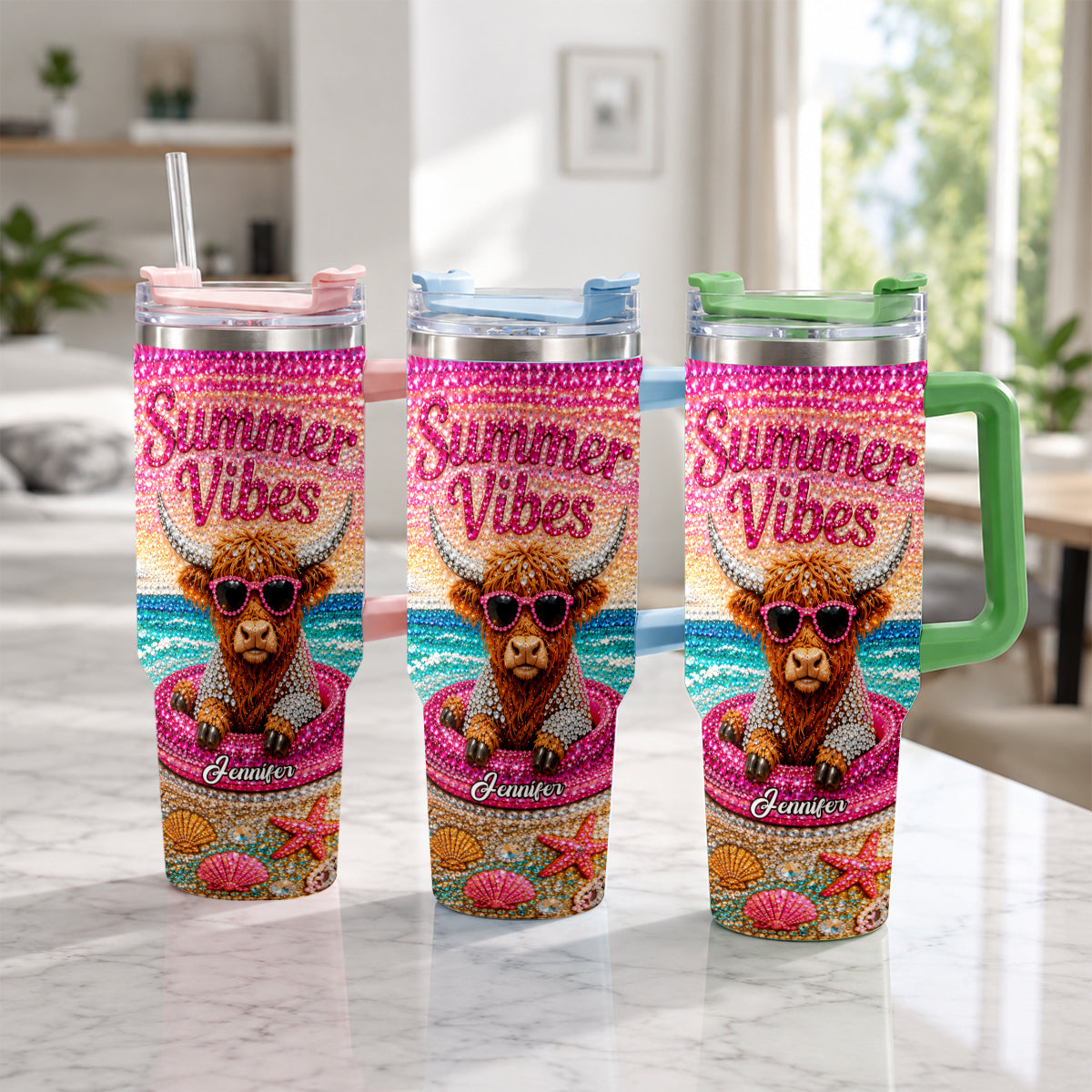 Summer Vibes - Personalized Highland Cow Tumbler With Plush Charm